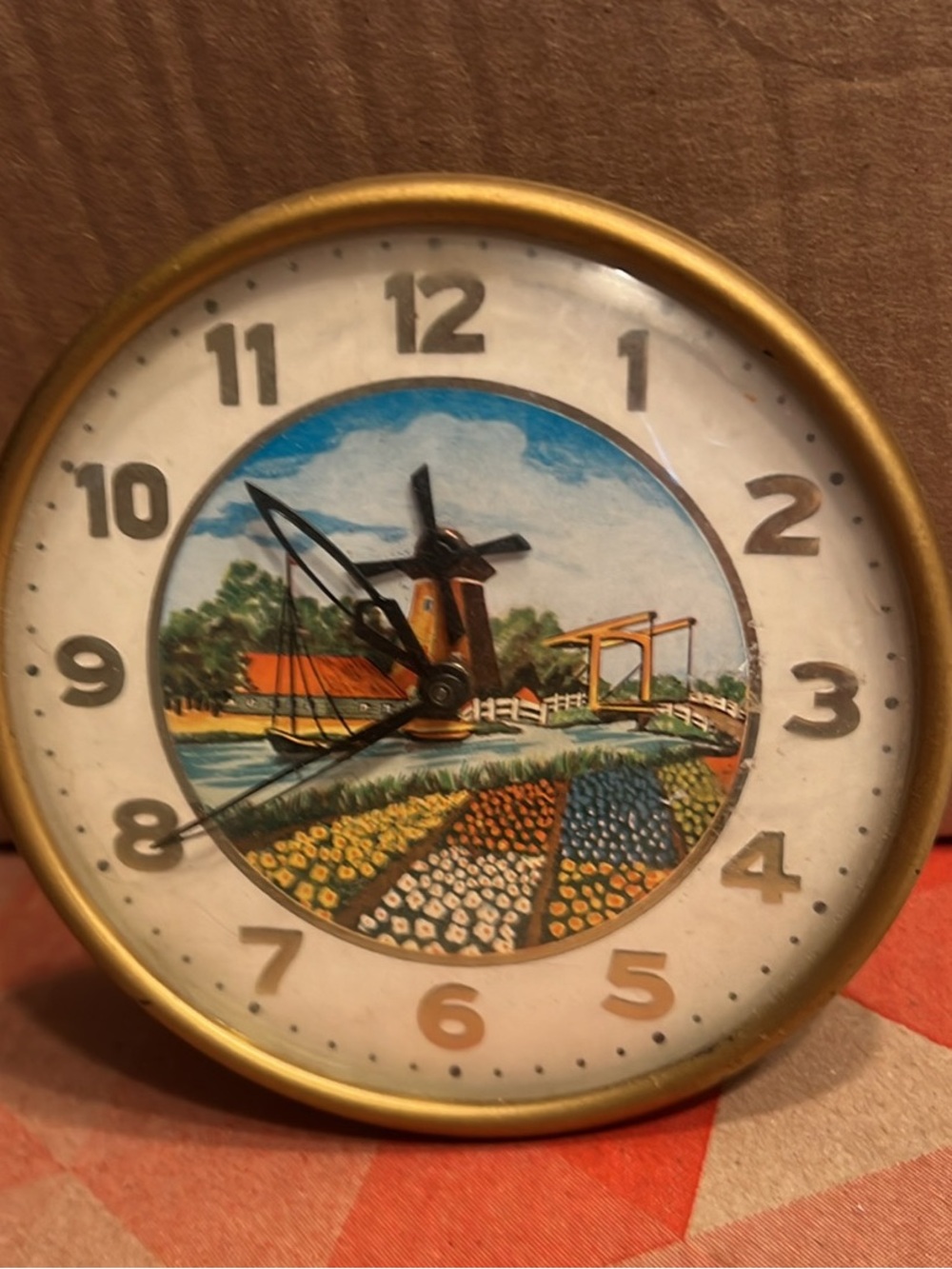 Vintage Danish Clock with Dutch Landscape - Gold Tabletop Windmill windup. Clock